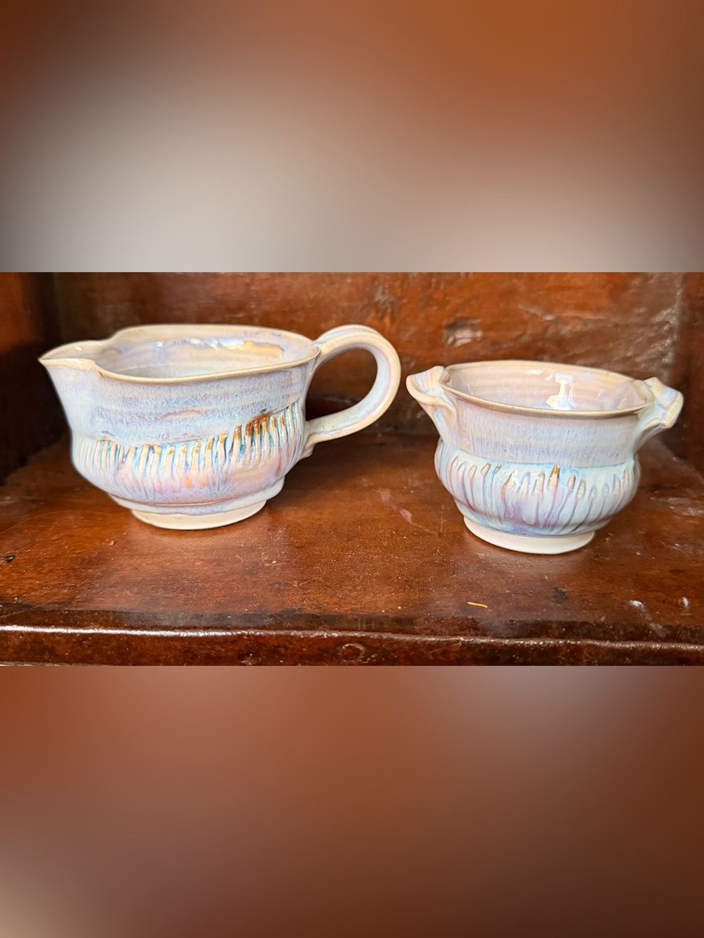 Iridescent Pastel Ceramic Creamer and Sugar Set - Lavender Blue Finish
